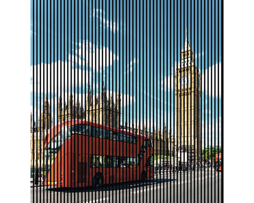 Designový akustický panel DIGI03E 19x2253x2400 mm Ilustrace londýnské scény s dvoupatrovým autobusem a Big Benem