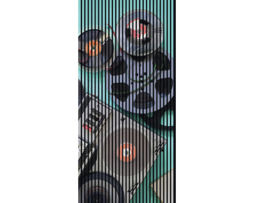 Designový akustický panel DIGI03W 19x1133x2400 mm Cívky magnetofonové pásky a gramofon