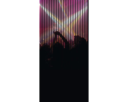Designový akustický panel DIGI03Z 19x1133x2400 mm Dav lidí na hudební akci za vertikální mřížovou strukturou.