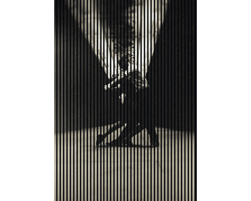 Designový akustický panel DIGI03R 19x1693x2400 mm Stylizovaný obraz s vertikálně pruhovaným filtrem ukazuje stojící osobu držící tašku.