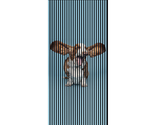 Designový akustický panel DIGI04M 19x1133x2400 mm Před svisle pruhovaným pozadím je vyobrazen baset s otevřenou tlamou.
