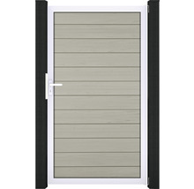 Zahradní branka s vodorovnými panely, bílým rámem a madlem