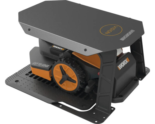 Logo společnosti Worx. Robotická sekačka s přístřeškem.