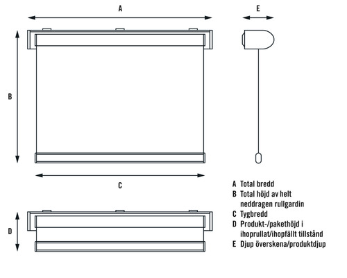 Technický nákres rolety s rozměry.