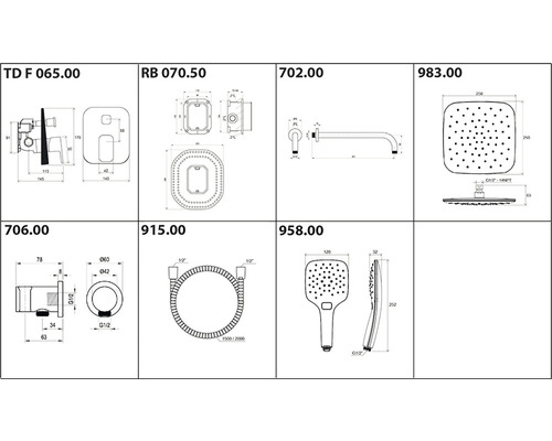 Technické výkresy různých koupelnových armatur s rozměry