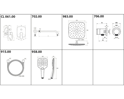 Technické výkresy různých koupelnových baterií s rozměry
