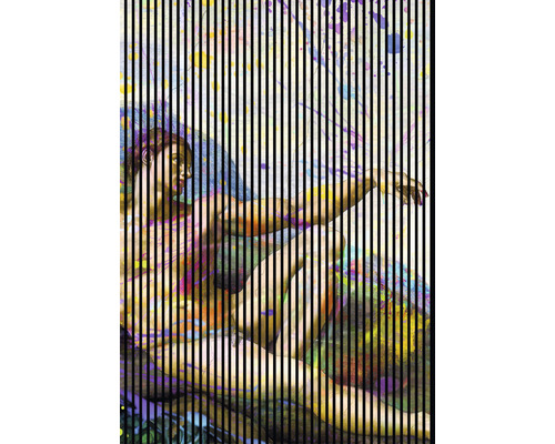 Designový akustický panel DIGI04W 19x1693x2400 mm Nástěnná malba se stylizovaným motivem ''Stvoření Adama'' za černými pruhy