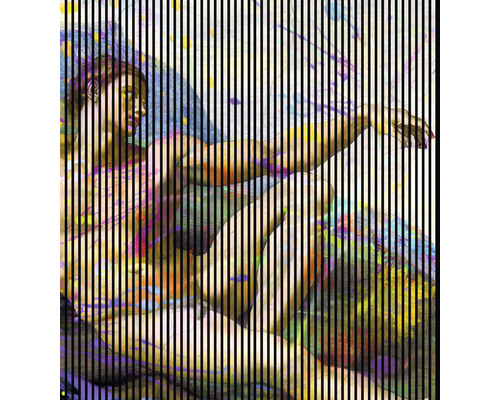 Designový akustický panel DIGI04W 19x2253x2400 mm Malba lidské postavy, přerušená svislými čarami.
