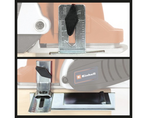 Detailní pohled na pilu Einhell s metrickou stupnicí pro přesné nastavení.