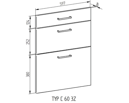 Technický nákres spodní skříňky se třemi zásuvkami a madly, rozměry jsou uvedeny