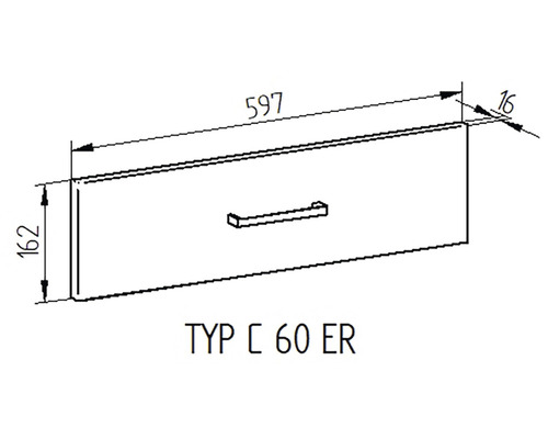 Technický nákres zásuvky o rozměrech 597 x 162 x 16 mm