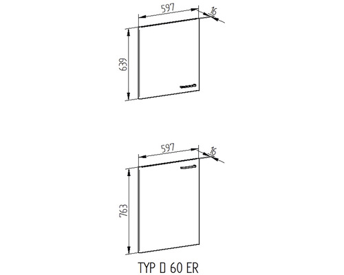 Technický výkres koupelnové skříňky o rozměrech 597 x 639 milimetrů a 597 x 763 milimetrů