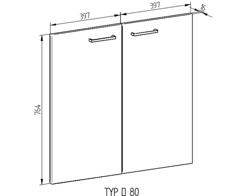 Technický nákres spodní skříňky typ 80 s úchyty a rozměry