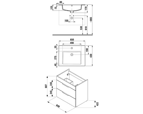 Technický nákres skříňky pod umyvadlo s rozměry