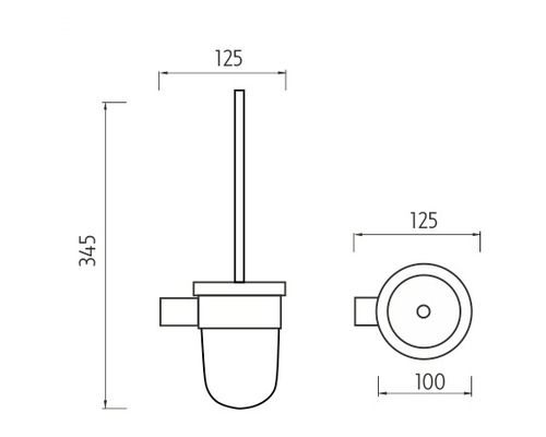 Technický nákres WC štětky o rozměrech 345, 125 a 100 milimetrů.