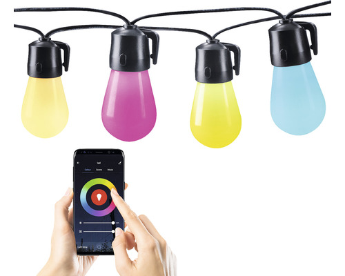 LED světelný řetěz IP44 RGB 15x 10W 20m ( 6m přívod + 14m kabel se žárovkami ) Světelný řetěz s barevnými LED žárovkami a ovládáním pomocí chytrého telefonu