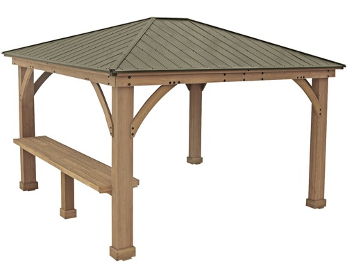 Dřevěný zahradní pavilon s kovovou střechou a integrovanou lavicí