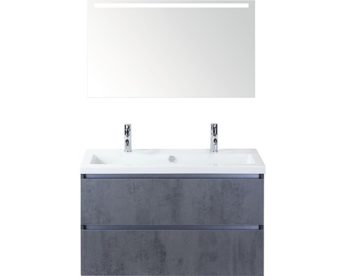 Koupelnový nábytkový set Vogue 100 cm s keramickým umyvadlem 2 otvory na kohouty a zrcadlem s LED osvětlením beton antracitově šedá