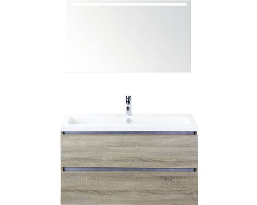 Koupelnový nábytkový set Vogue 100 cm s keramickým umyvadlem a zrcadlem s LED osvětlením dub šedý
