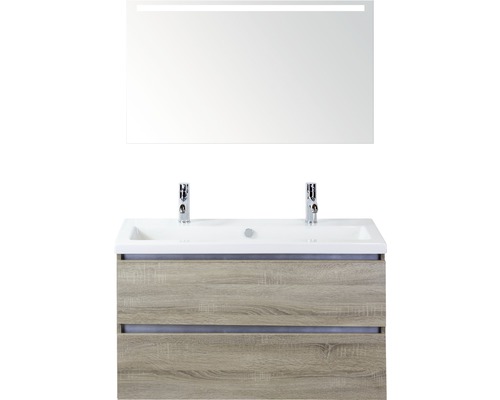 Koupelnový nábytkový set Vogue 100 cm s keramickým umyvadlem 2 otvory na kohouty a zrcadlem s LED osvětlením dub šedý