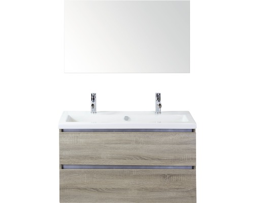 Koupelnový nábytkový set Vogue 100 cm s keramickým umyvadlem 2 otvory na kohouty a zrcadlem dub šedý
