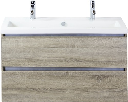 Koupelnový nábytkový set Vogue 100 cm s keramickým umyvadlem 2 otvory na kohouty dub šedý