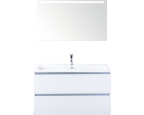 Koupelnový nábytkový set Vogue 100 cm s keramickým umyvadlem a zrcadlem s LED osvětlením bílá vysoce lesklá