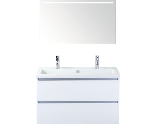 Koupelnový nábytkový set Vogue 100 cm s keramickým umyvadlem 2 otvory na kohouty a zrcadlem s LED osvětlením bílá vysoce lesklá