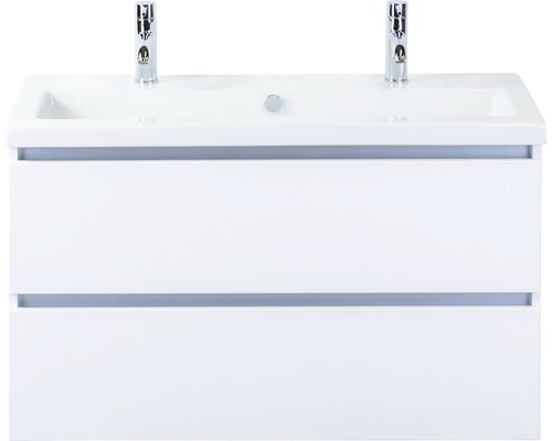 Koupelnový nábytkový set Vogue 100 cm s keramickým umyvadlem 2 otvory na kohouty bílá vysoce lesklá