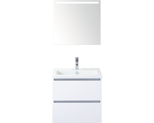 Koupelnový nábytkový set Vogue 60 cm s keramickým umyvadlem a zrcadlem s LED osvětlením bílá vysoce lesklá