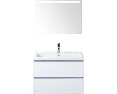 Koupelnový nábytkový set Vogue 80 cm s keramickým umyvadlem a zrcadlem s LED osvětlením bílá vysoce lesklá