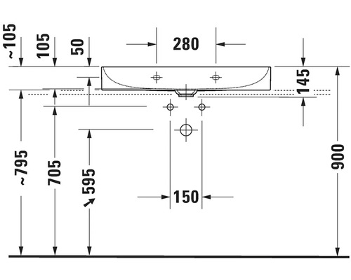 Technický nákres umyvadla s rozměry.