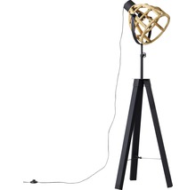 Stojací lampa s dřevěným stínidlem a černým stativem