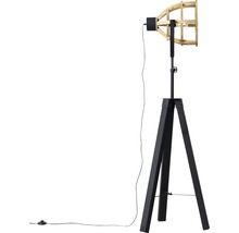 Stojací lampa s dřevěným stínidlem a černým stativem