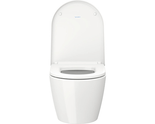 Bílá nástěnná hlubokosplachovací toaleta s WC sedátkem a logem Duravit