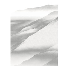 Ilustrace mlhavé horské krajiny