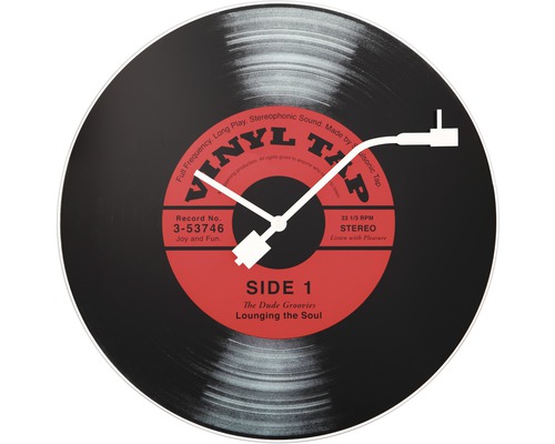 Nástěnné hodiny ve stylu gramofonové desky s ručičkami ve tvaru přenosky