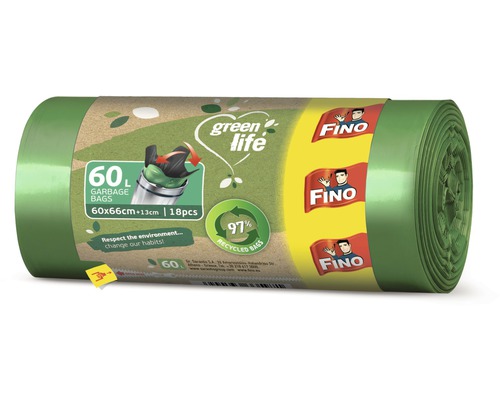 Pytle na odpady FINO Green Life Easy Pack 60L, 18 ks Role pytlů na odpadky, 60 litrů, 60 x 66 centimetrů plus 13 centimetrů
