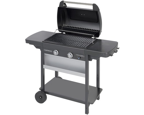 Plynový gril CampinGaz s odkládacími stolky, grilovacím roštem a ohřívacím roštem