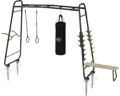 Venkovní fitness zařízení s hrazdou, boxovacím pytlem, gymnastickými kruhy a lavicí na činky