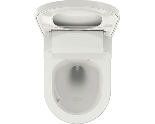 Pohled shora na závěsnou toaletu s otevřeným záchodovým prkénkem.