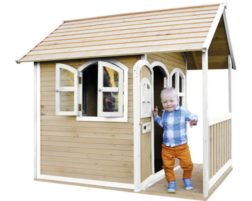 Dřevěný hrací domek s dítětem ve vchodu