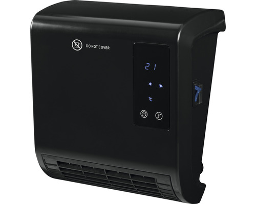 Černý nástěnný ohřívač s digitálním displejem a symbolem ''Nezakrývat''.