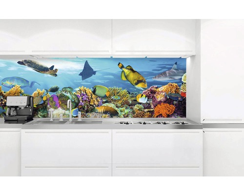 Kuchyňská zástěna s podvodním motivem s rybami, želvou a korálovým útesem