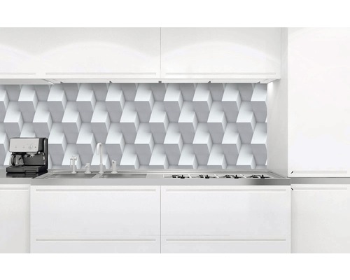 Kuchyňská zástěna s trojrozměrným krychlovým vzorem v moderní kuchyni