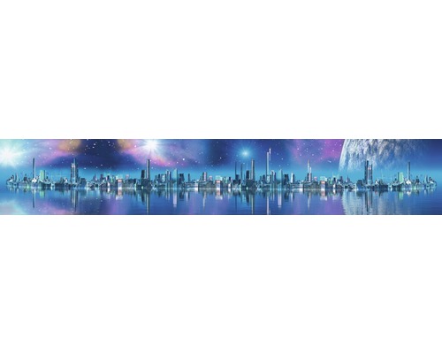 Panoráma futuristického města na vodě pod hvězdnou oblohou