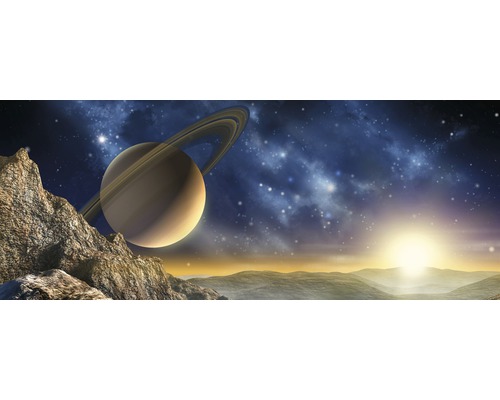 Ilustrace planety Saturn nad skalnatou krajinou