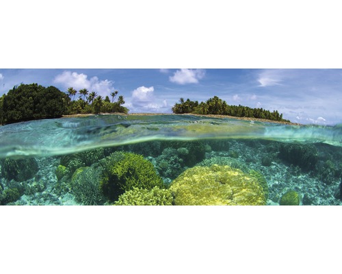 Pohled na podvodní korálové útesy a tropický ostrov pod modrou oblohou