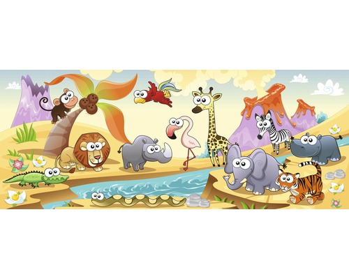 Ilustrace s různými kreslenými divokými zvířaty v prostředí podobném džungli