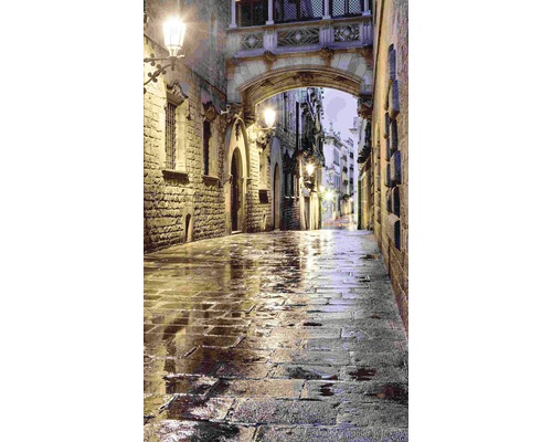 Mokrá ulice s kamennou dlažbou a osvětlenými lucernami
